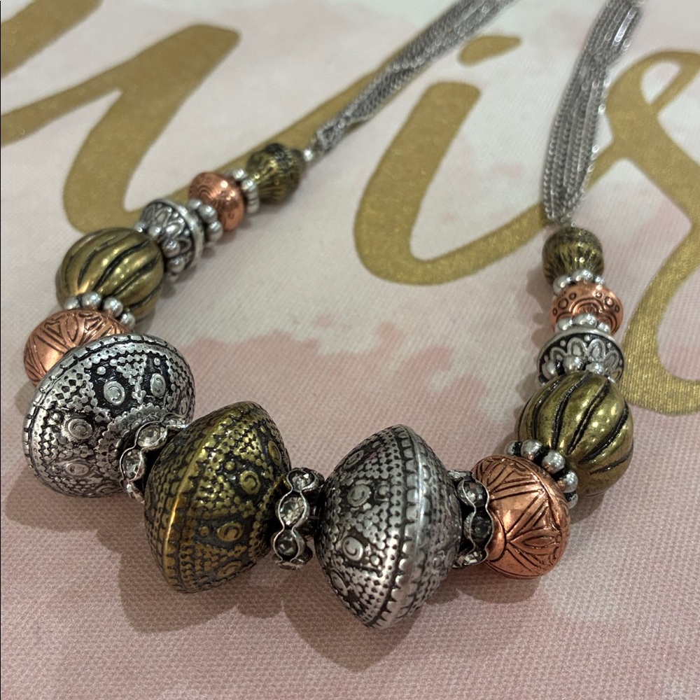 Multi-Tone Beaded Statement Necklace - Silver, Go… - image 5